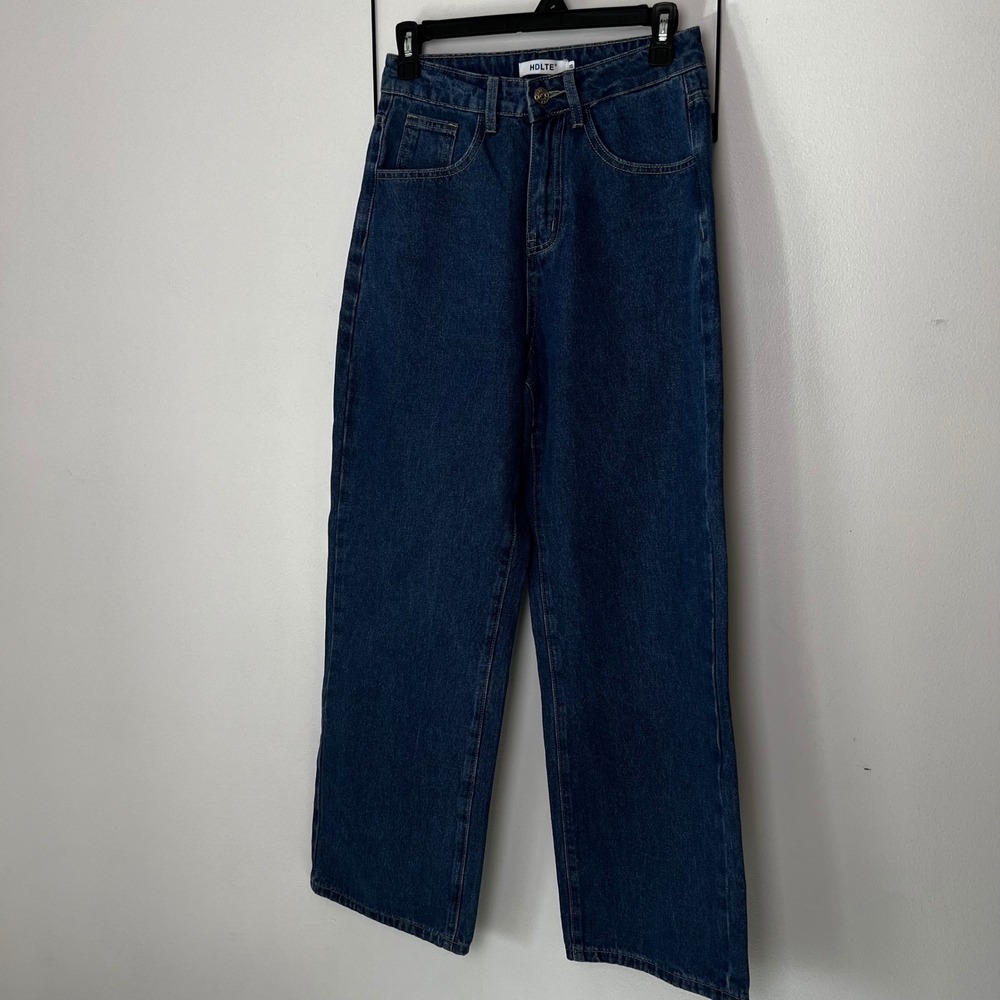 HDLTE‎ Womens XS High Waisted Wide Leg Jeans Medium Wash Straight Denim Pants
